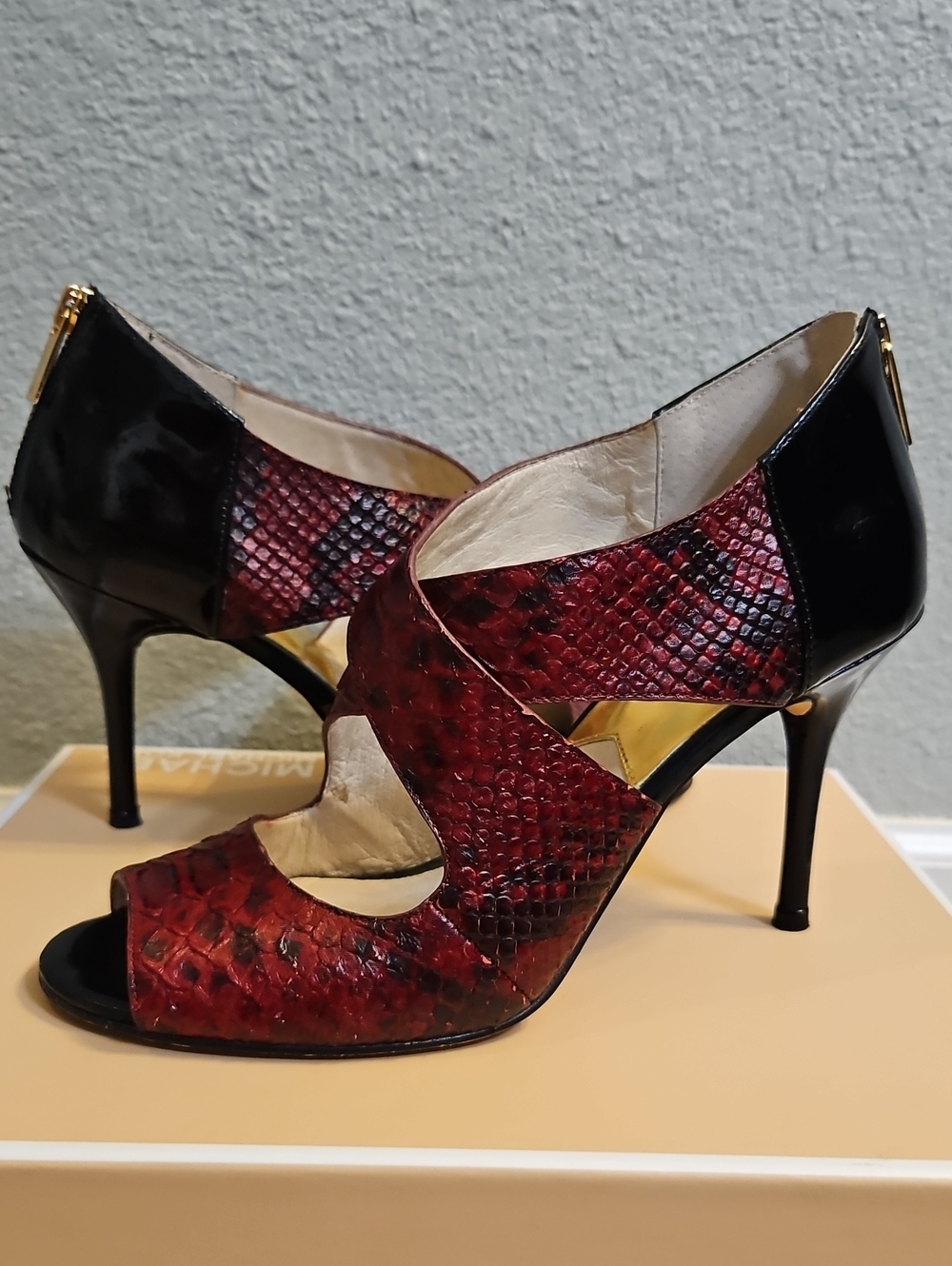 Michael Kors Red Snake-Print Cutout Peep-Toe Heels with Black Patent Heel